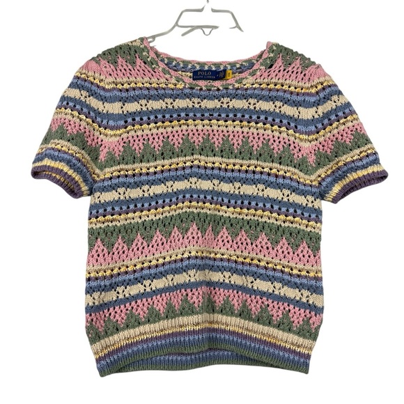 Polo Ralph Lauren Pointelle Striped Puff Sleeve Crochet Spring Sweater - Picture 4 of 8